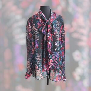 Molly Bracken Black and Pink Sheer Tie Front Blouse Size 2X